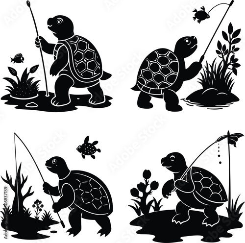 Silhouette illustration of turtles fishing in different environments isolated on white background