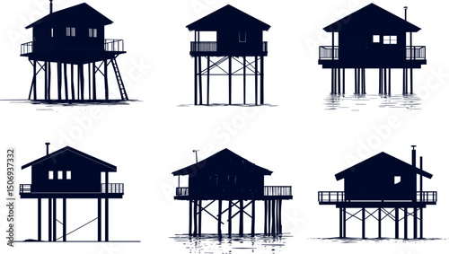 Stilt houses silhouettes isolated on white background