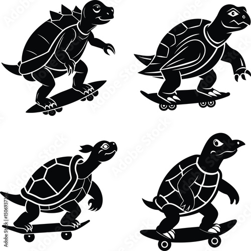 Four turtles skateboarding illustration black and white graphic style animals