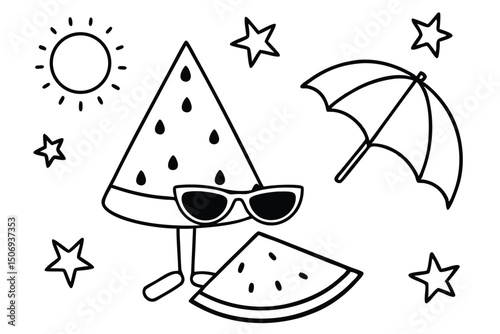 Summer fun illustration with watermelon sunglasses sun umbrella and star decorations in black and white