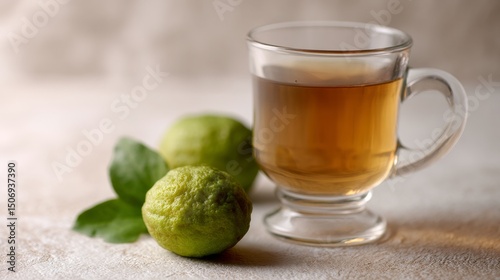 Close-up view of bergamot fruit alongside brewed earl grey tea in a glass mug, showcasing refreshing hues