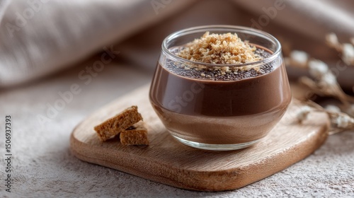 Delicate chocolate dessert in a jar with Earl Grey infusion and dried bergamot rind garnish