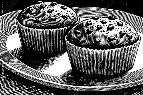 Delicious chocolate chip muffin black and white isolated hand drawn sketch