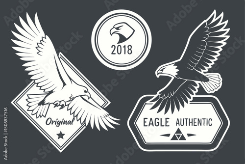 Vintage eagle badge designs featuring heraldic flying eagles suitable for logo branding and retro emblem concepts.