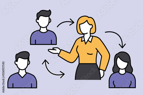 Faceless avatars illustrating a leader guiding a team with communication arrows. Minimalist flat design for concepts of delegation, mentorship, or workflow on a light purple background. AI Generative
