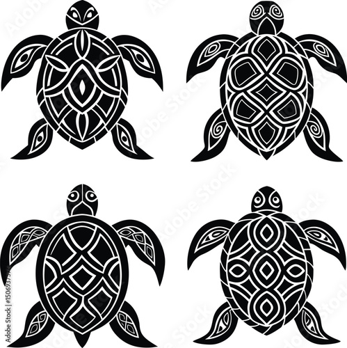Four black turtle illustrations with intricate designs on a white background