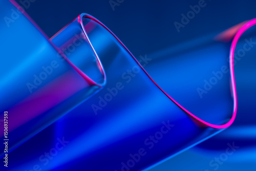 Abstract 3D glass ribbon with neon reflections on a blue background