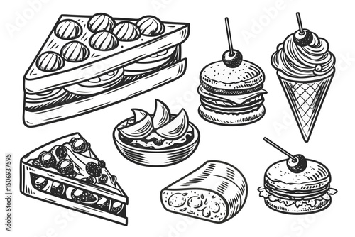Hand drawn sketch illustration of assorted delicious fast food and desserts in black and white