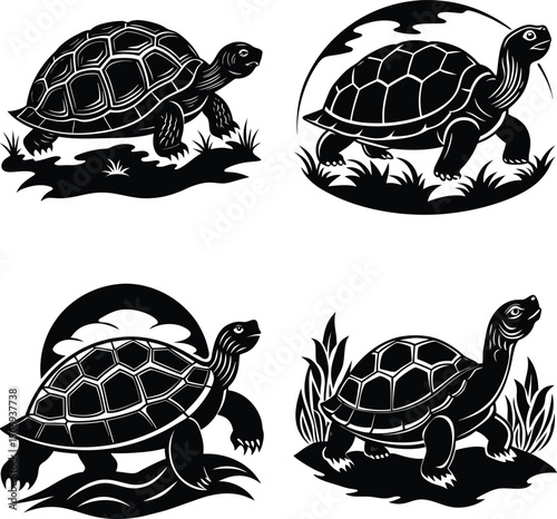 Turtle silhouette set with grass and water designs