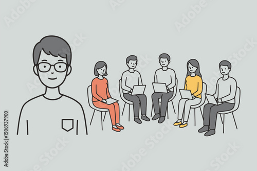 Line art illustration: Mentor or presenter with glasses addressing a diverse group using laptops in a meeting, workshop, or training session. Grey background, collaborative learning. AI Generative
