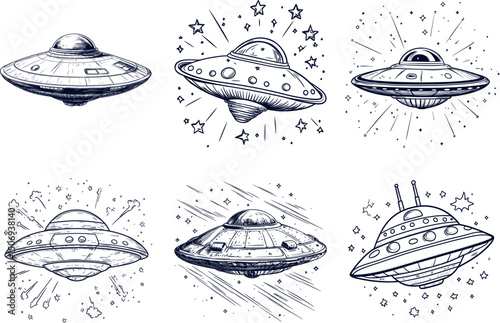 Six sketched ufos isolated on white background in different styles