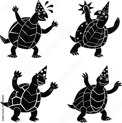 Four cheerful turtles celebrating with party hats and sparklers in black and white