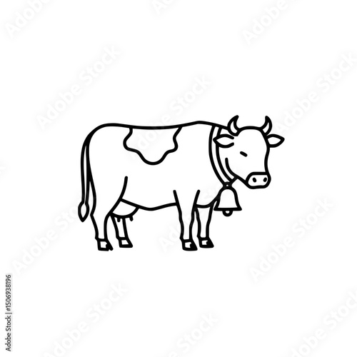 Simple Line Drawing of a Cow with Bell Farm Animal Illustration
