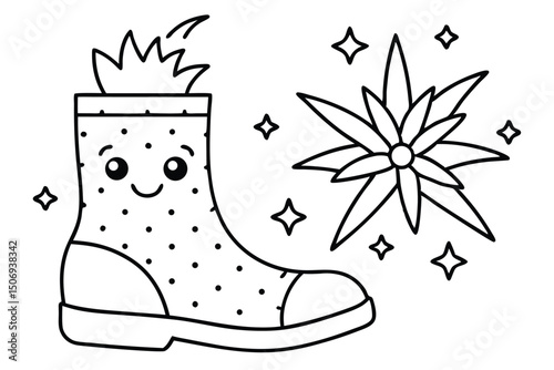 Smiling cartoon boot character with sprinkles and blooming flower adorned with sparkling stars in black and white