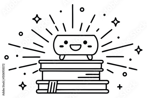 Adorable smiling character standing on a stack of books with outbursts of energy and sparkles