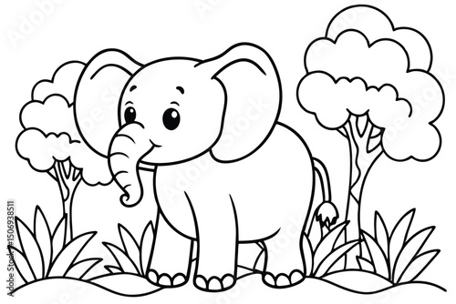 Adorable cartoon elephant illustration in a savanna landscape suitable for coloring books and children's educational materials