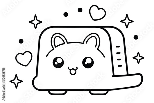 Cute kawaii toaster character with sparkles and hearts vector illustration in outlined black and white