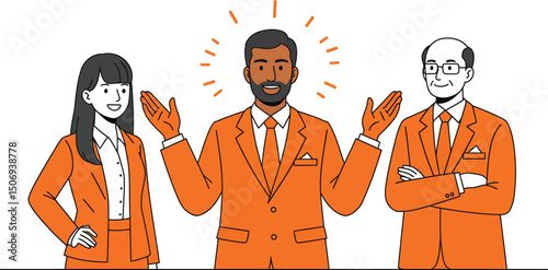 Charismatic Diverse Business Leader Inspiring Team, Orange Suits. Teamwork & Presentation Concept AI Generative