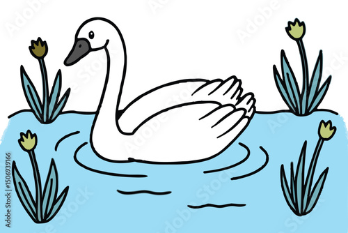 Cartoon illustration of a graceful white swan swimming on a calm blue pond surrounded by aquatic plants