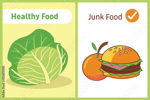 Healthy food choices versus junk food alternatives depicted in colorful educational comparison