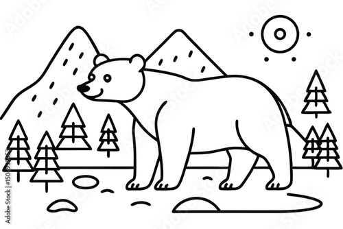 Simple and stylized illustration of a grizzly bear standing in a mountainous forest environment