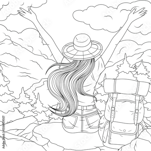 Vector illustration, girl tourist enjoying the view of mountain nature, book coloring.