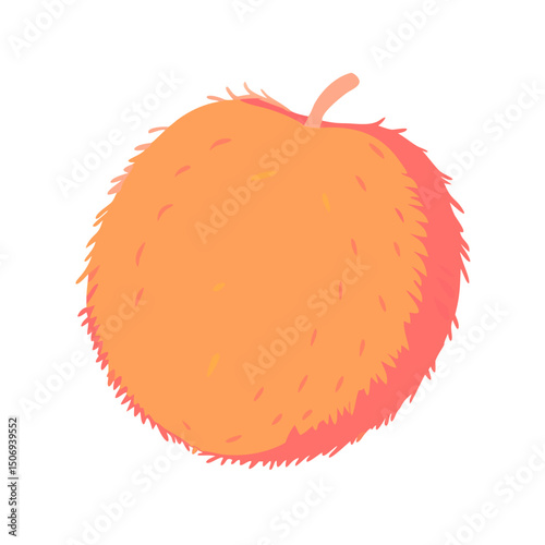 Colorful flat vector illustration of a fuzzy peach fruit, showcasing its vibrant orange and yellow hues, with a simple background. Food-related designs