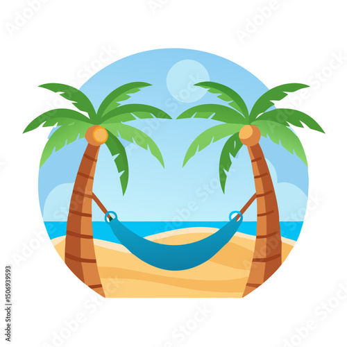 Flat illustration of tropical beach scene featuring a blue hammock suspended between two palm trees, with golden sand and a serene ocean view under a bright sky