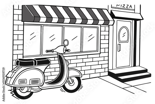 Illustration of a pizza restaurant with a scooter parked outside in black and white