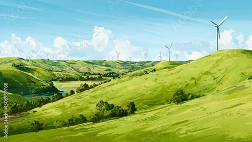 Rolling hills with wind turbines and a lake