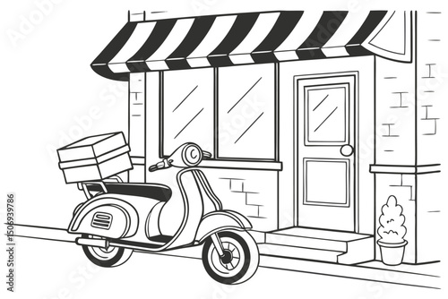 Black and white line art illustration of a retro delivery scooter parked outside a shop or restaurant