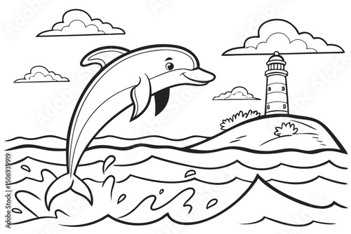Happy cartoon dolphin leaping out of the ocean waves near a lighthouse on a sunny day.