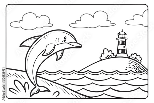 Jumping dolphin near a lighthouse on a sunny day in a cartoonish black and white illustration