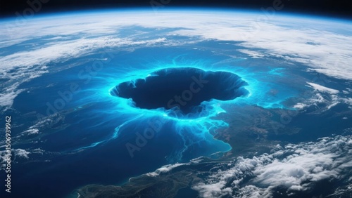 Aerial view of Earth's atmosphere with glowing blue ozone layer and dark gap symbolizing depletion, environmental protection and climate change awareness concept.