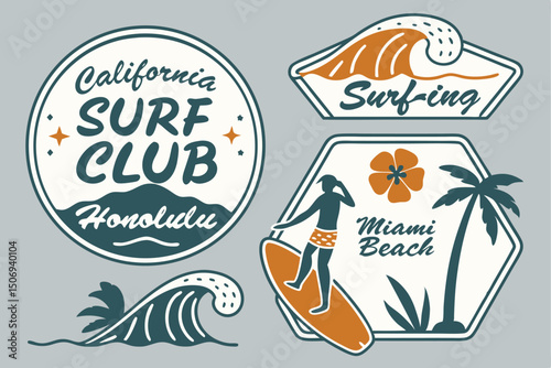 Vintage surf club badges featuring illustrations of surfers waves palm trees and iconic beach destinations honolulu miami