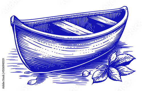 Vintage Engraving of a Rowing Boat Surrounded by Leaves and Water