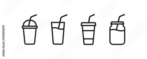 Set of four drink icons: cup, glass, tumbler, jar with straws.