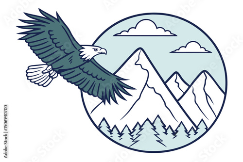 Vector illustration of an american bald eagle soaring over majestic mountains and forest scene