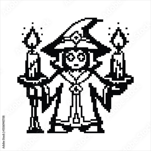 Pixel art witch with potion and spellbook