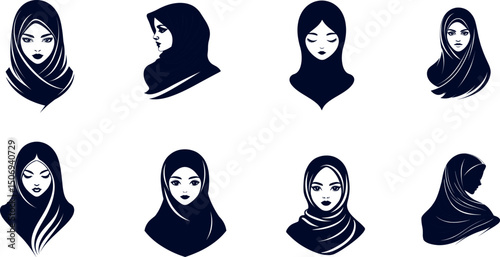 Collection of elegant muslim women wearing traditional hijab isolated