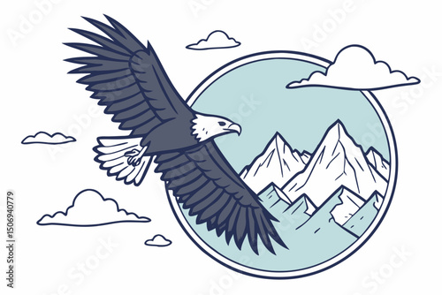 Vector illustration of an american bald eagle soaring with mountains and clouds in a round frame