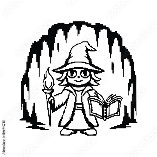 Pixel art witch with potion and spellbook