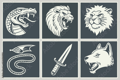 Set of vector illustrations featuring fierce snake lion dagger and wolf heads on a dark background