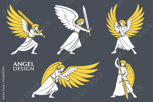Set of warrior angel designs with golden wings and swords representing divine power and protection on a dark background