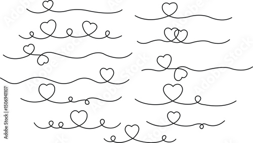 Heart line drawing in doodle sketch for love, wedding or honeymoon travel set. Hearts divider in hand drawn scribble mono line collection vector