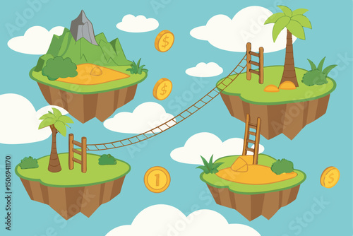 Vector illustration of a cartoon fantasy landscape with floating islands palm trees and coins.