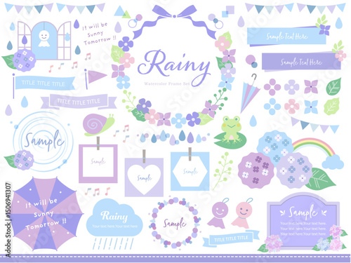 Rainy Day Watercolor Clipart Bundle: Whimsical Illustrations with Frogs, Snails & Editable Text Frames in Lavender & Periwinkle