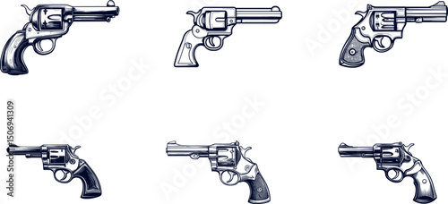 Six vintage revolver guns isolated on white background