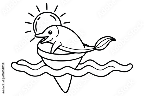 Playful cartoon dolphin leaping from the ocean waves under a bright shining sun in black and white