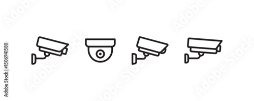Set of different security camera icons in simple black line art on white background.